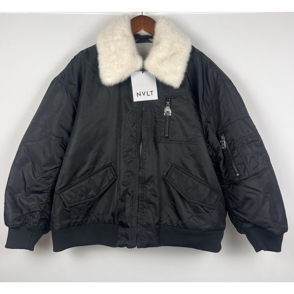 NVLT x Anthropologie Faux Fur Collar Bomber Jacket L Black Aviator Camo lined - Picture 2 of 10